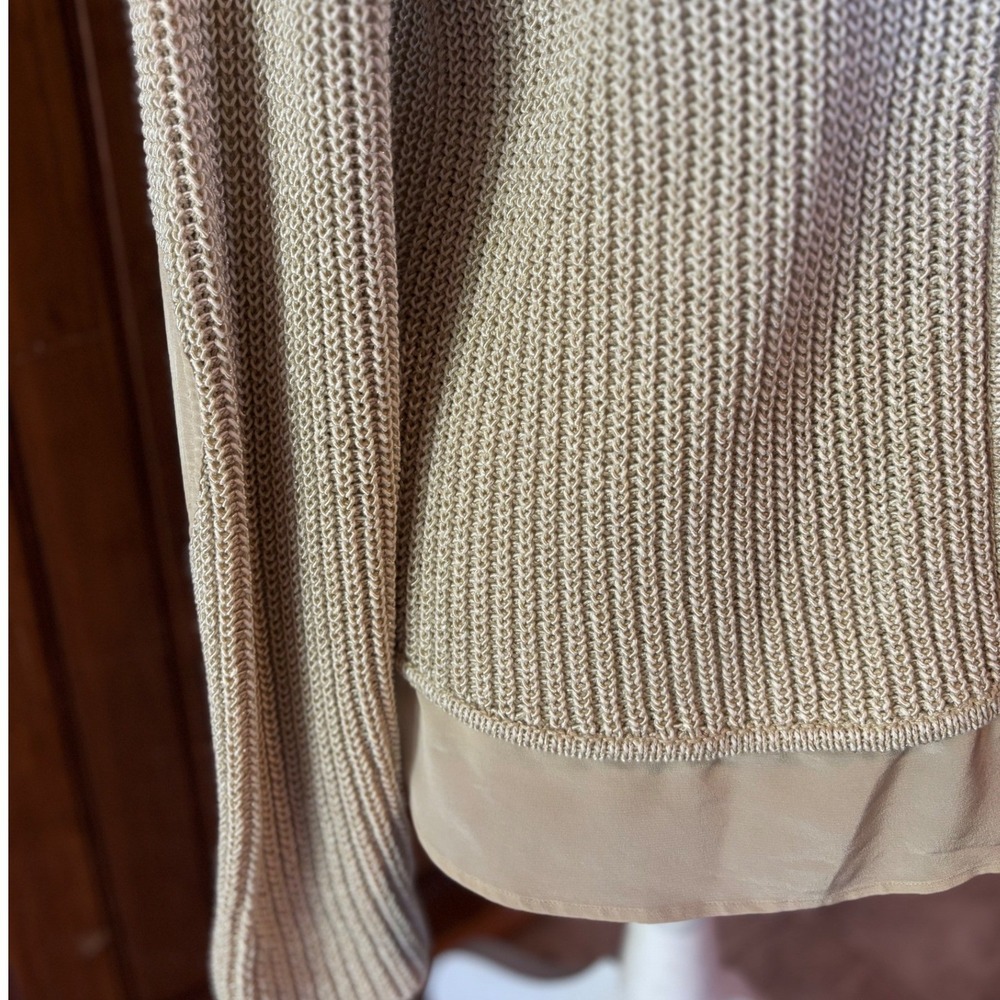 St. John Womens Beige Wool Silk Metallic Cardigan Sweater Elbow Patches Medium - Picture 3 of 9